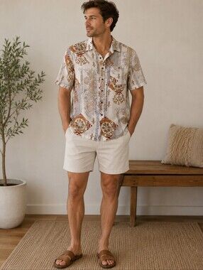 Bernini Men's 100% Linen Camp Shirt Medium Baroque Medallion Print Resort Shirt